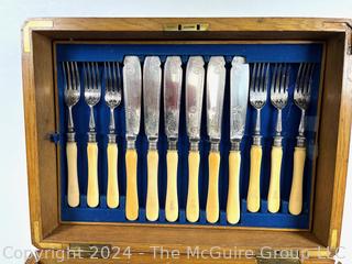 Set of English Sheffield Engraved Fish Flatware With Wooden Box.