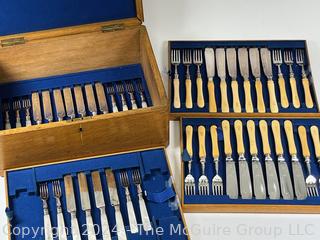 Set of English Sheffield Engraved Fish Flatware With Wooden Box.