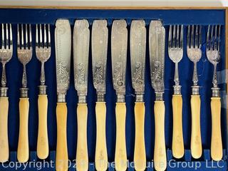 Set of English Sheffield Engraved Fish Flatware With Wooden Box.