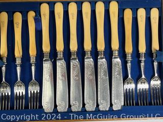 Set of English Sheffield Engraved Fish Flatware With Wooden Box.