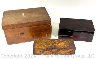 Three (3) Wood Boxes Including Writing Box, Jewelry Box and Pyrographic Trinket Box