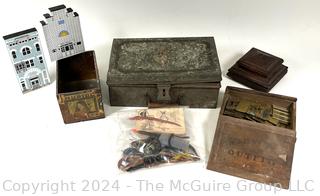 Group Including Metal Money Box, Stencils and Finial