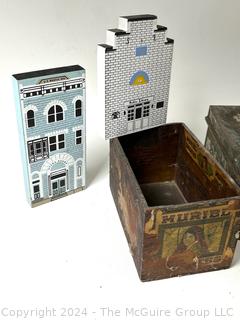 Group Including Metal Money Box, Stencils and Finial