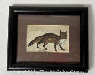 Small Framed Under Glass Watercolor of Red Fox Signed by Artist.  