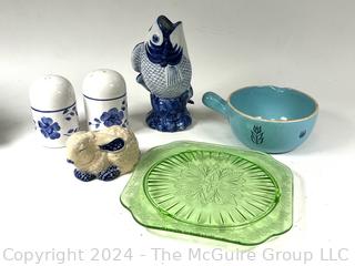 Group of Decorative Collectibles Including Depression Era Green Glass Plate