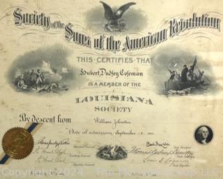 Framed Under Glass Society of the Sons of the American Revolution Certificate, 1911. SAR, Measures 20.5 x 25.5"