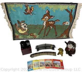 Collection of Toys Including 1975 Hooked Walt Disney Productions Bambi Rug and Viewmaster