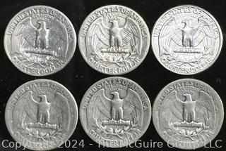 6 Washington Silver Quarter Dollar Coins