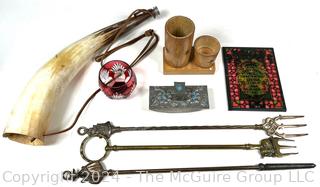 Collection of Decorative Collectibles Including Horn, Brass Serving Forks, Blotter, Etc