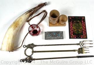 Collection of Decorative Collectibles Including Horn, Brass Serving Forks, Blotter, Etc