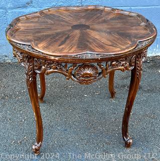 Pierce Carved Wood Coffee Table with Marquetry Top.  24" D x 20"T
