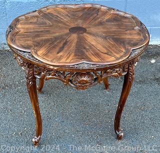 Pierce Carved Wood Coffee Table with Marquetry Top.  24" D x 20"T
