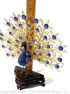 Cloisonne with Gold Filagree Feathers Peacock Sculpture on Wood Plinth/  8 1/2" x 9"