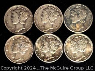 6 Mercury Dime Coins: 1944(S), 1944(D), 1945(S), 1945, 1945(S), 1945(D)