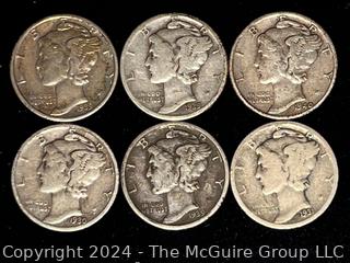 6 Mercury Dime Coins: 1930(S), 1931(S), 1939(D), 1939(S), 1939, 1940