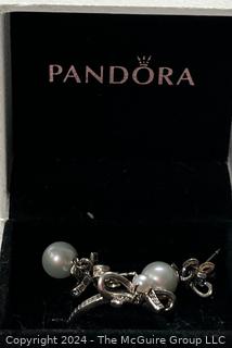 Set of Sterling Silver Pandora Pearl Earrings & Ring with Box