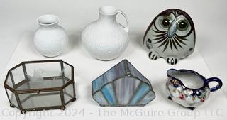 Decorative Items Including Leaded Glass Box, Mexican Folk Art Owl and Two (2) White Bisque Porcelain Jugs by Kaiser, Germany.