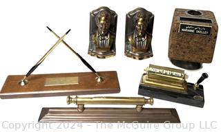 Collection of Desk Items Including Bookends, Cork Pen Holder, Level, Perpetual Calendar and Pen Stand.