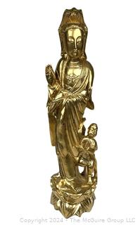 Gilt Painted Resin Golden Guan Yin Chinese Goddess of Mercy Statue.  21" Tall.