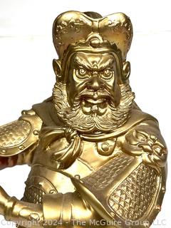 Gilt Painted Metal Chinese Statue of Guan Gongwu, God of Wealth.  19" Tall