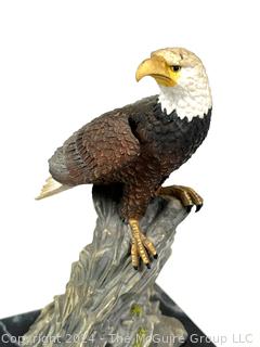 Bald Eagle on Mossy Rock Statue on Marble Plinth. ~16" Tall