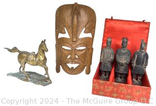 Brass Horse Statue, Carved Wood Mask and Three (3) Chinese Terra-Cotta Warrior Figurines