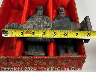 Brass Horse Statue, Carved Wood Mask and Three (3) Chinese Terra-Cotta Warrior Figurines