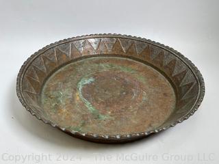 Large Decorative Tinned Copper Persian Tray Serving Bowl Dish. 23" diameter 3" deep.