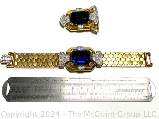 Two (2) Piece Vintage Trifari Bracelet and Brooch Set with Blue Center Crystal