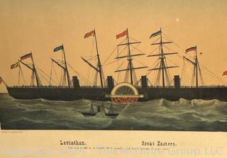 Framed Under Glass Color Lithograph of "Leviathan The Great Eastern" Steamship Made in Germany.  16" x 21"