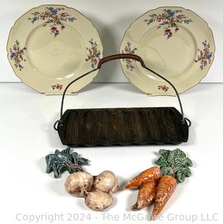 Two (2) Plates, Cast Iron Cornstick Pan and Kitchen Wall Decor