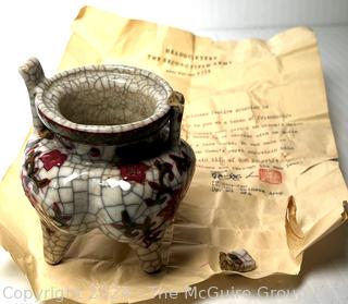 WWII Soldier Souvenir,  Ching (Qing) Dynasty (1644-1911) Ceramic 3-Footed Jar (Ding) With Original Letter of Identification Citing Royal Pottery Kiln Stamp