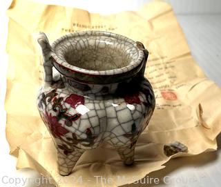 WWII Soldier Souvenir,  Ching (Qing) Dynasty (1644-1911) Ceramic 3-Footed Jar (Ding) With Original Letter of Identification Citing Royal Pottery Kiln Stamp