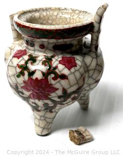 WWII Soldier Souvenir,  Ching (Qing) Dynasty (1644-1911) Ceramic 3-Footed Jar (Ding) With Original Letter of Identification Citing Royal Pottery Kiln Stamp