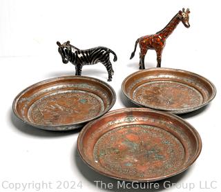 Three (3) Moroccan Brass Serving Trays and Pair of Godinger Zebra and Giraffe Figurines