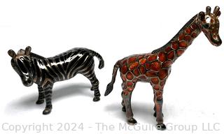 Three (3) Moroccan Brass Serving Trays and Pair of Godinger Zebra and Giraffe Figurines