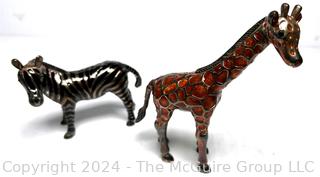 Three (3) Moroccan Brass Serving Trays and Pair of Godinger Zebra and Giraffe Figurines