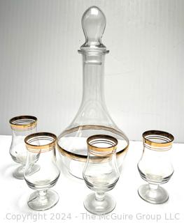 Clear Crystal Carafe and Four Cordial Glasses with Gold Edge