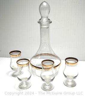 Clear Crystal Carafe and Four Cordial Glasses with Gold Edge