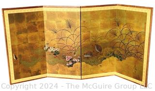 Japanese Hand-Painted Four Panel Folding Silk Screen.  Some damage on front and back.  Measures 36 x 71" when open.