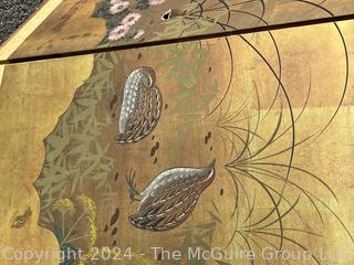 Japanese Hand-Painted Four Panel Folding Silk Screen.  Some damage on front and back.  Measures 36 x 71" when open.