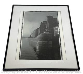 Framed Under Glass Black & White Photograph of Ship Being Loaded at Grain Elevator.  12 x 23" 