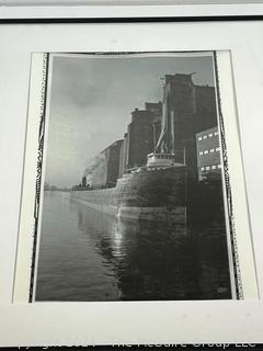 Framed Under Glass Black & White Photograph of Ship Being Loaded at Grain Elevator.  12 x 23" 