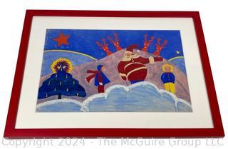 Framed Under Glass Folk Art Watercolor of Santa at the North Pole.  17" x 23"