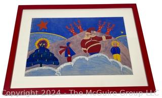 Framed Under Glass Folk Art Watercolor of Santa at the North Pole.  17" x 23"