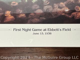 Framed Under Glass Photo of First Night Game at Ebbett's Field June 15, 1938. Signed Perez.  24" x 28". 