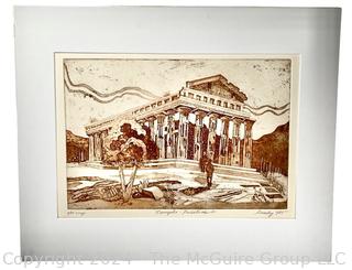 Unframed Etching of Temples of Paestum Numbered and Signed by Artist Joan Miller Linsley.  19 x 23"