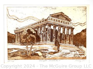 Unframed Etching of Temples of Paestum Numbered and Signed by Artist Joan Miller Linsley.  19 x 23"