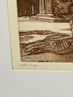 Unframed Etching of Temples of Paestum Numbered and Signed by Artist Joan Miller Linsley.  19 x 23"