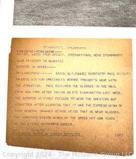 Three (3) Wire News Photos with Descriptions: Phil Rizzuto; Casey Stengel (1952); Roger Maris (1960).
